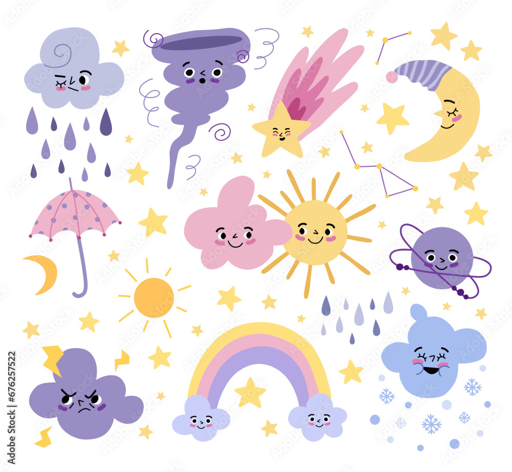 Cartoon kids weather characters. Cute baby meteorological elements, positive emotions, funny faces, kawaii style emoticons, vector set