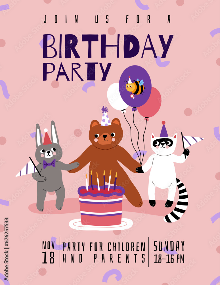 Kids animals birthday party poster. Greeting and invitation card, funny fauna characters, cartoon bear, hare, raccoon, vector illustration