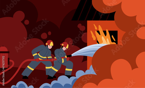 Brave firefighters extinguish fire. Emergency service, rescuers at work, people in protective uniforms and helmets, vector illustration