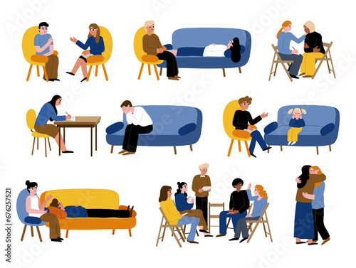 Cartoon people at psychologist. Patients talk to doctor, attempts to understand yourself, emotional problems, mental therapy, vector set