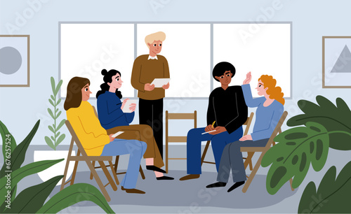 Group therapy session. Addictions treatment process, work of patients with psychologist, people sitting, mental problem, vector illustration