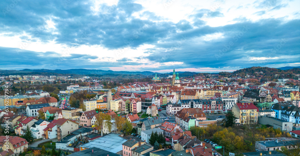Panorama of the city of Jelenia Góra in Poland at sunset