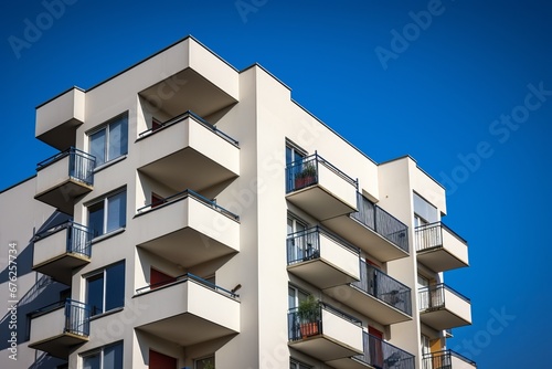 Outdoor Shot Apartment Block with Balcony in front of blue Sky Front View Facade