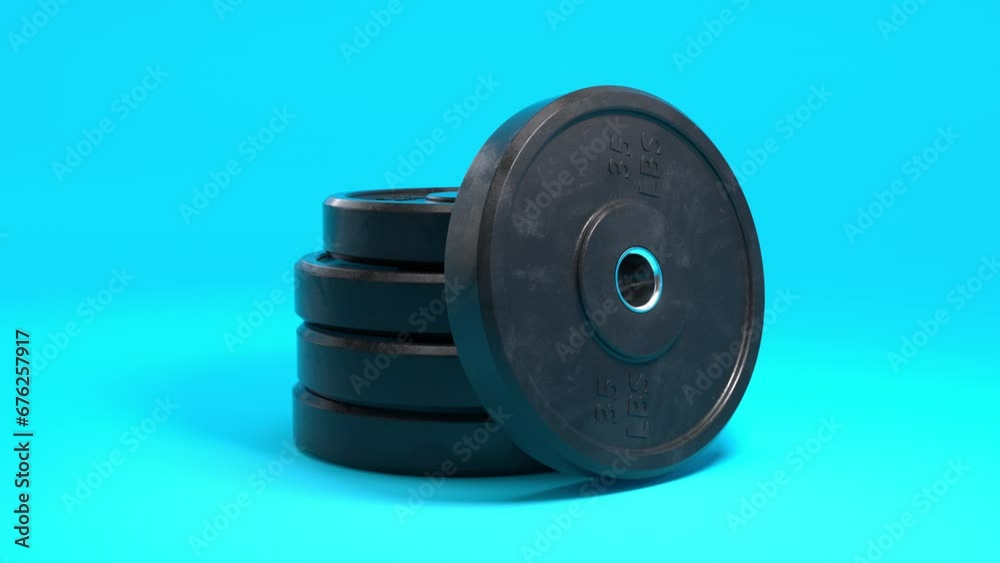 Photorealistic 3D Animation: black weight plates stacked up against a blue background. Camera zooms in, capturing the essence of fitness, sport, bodybuilding. For gym, health, and weight lifting. Photorealistic 3D Animation: black weight plates stacked up against a blue background. Camera zooms in, capturing the essence of fitness, sport, bodybuilding. For gym, health, and weight lifting.