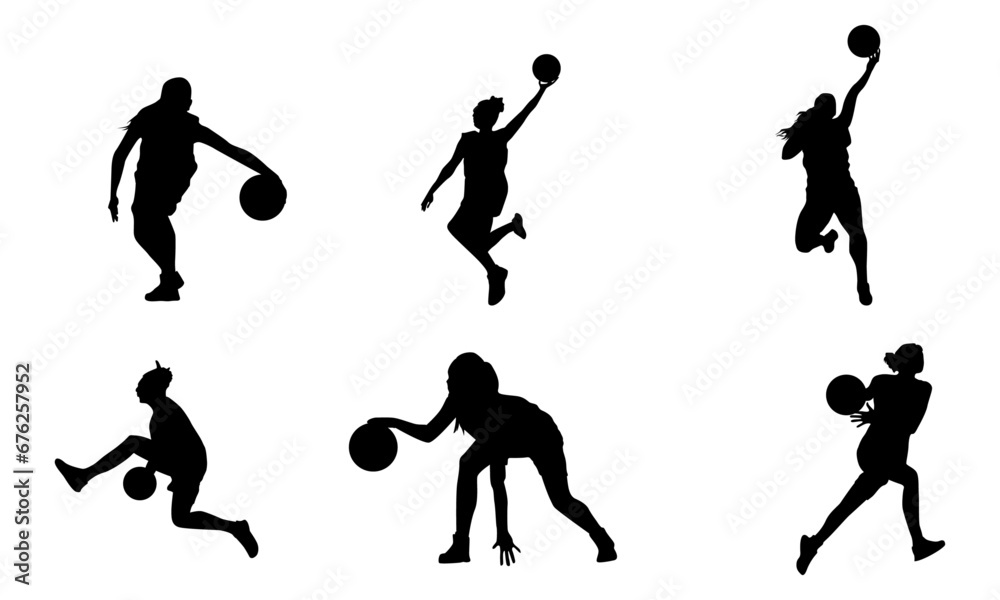 women playing basketball silhouettes set