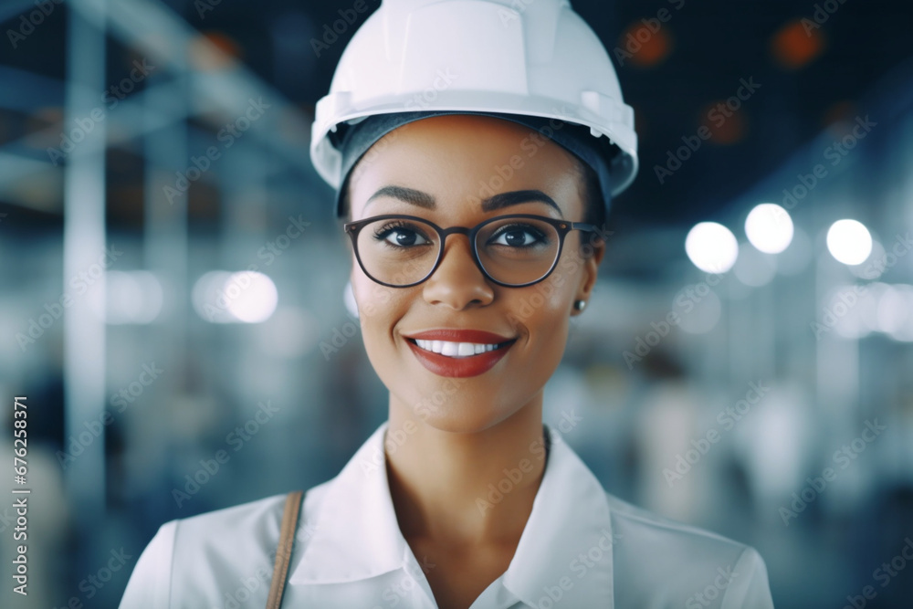 Portrait of a Happy Smiling Young Beautiful Female Engineer Wearing Glasses and White Hard Hat in Office at Car Assembly Plant, Industrial Specialist Working on Vehicle Design in Modern Facility Portrait of a Happy Smiling Young Beautiful Female Engineer Wearing Glasses and White Hard Hat in Office at Car Assembly Plant, Industrial Specialist Working on Vehicle Design in Modern Facility
