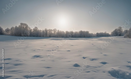 hazy sunrise over snow covered field