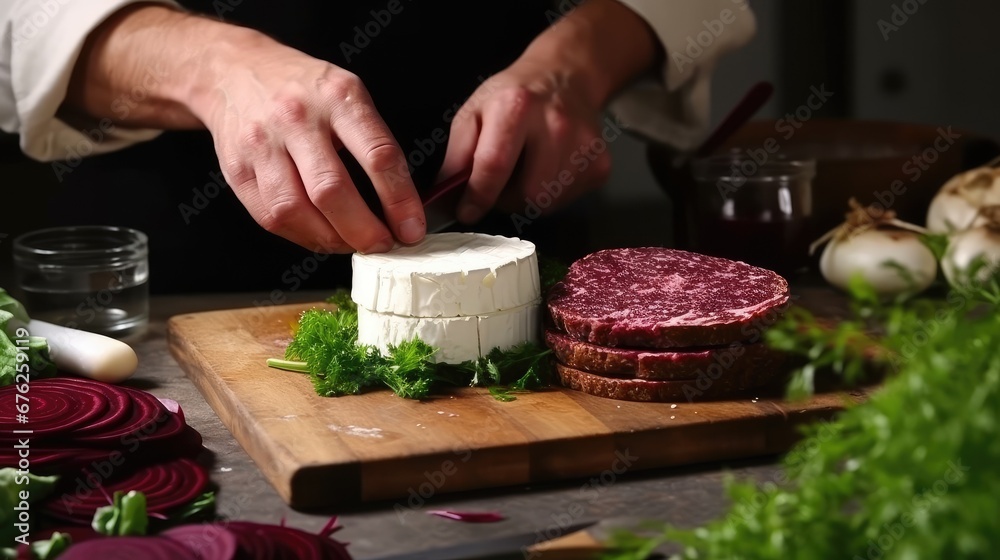 Southern German cuisine, preparation goat cheese beetroot burger, goat cheese, slicing camembert, green cutting board, knife, men's hands, Germany.
