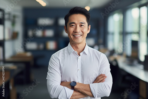 Portrait of a successful Asian teacher, a man in a shirt looking at the camera and smiling, in the classic office of the university director