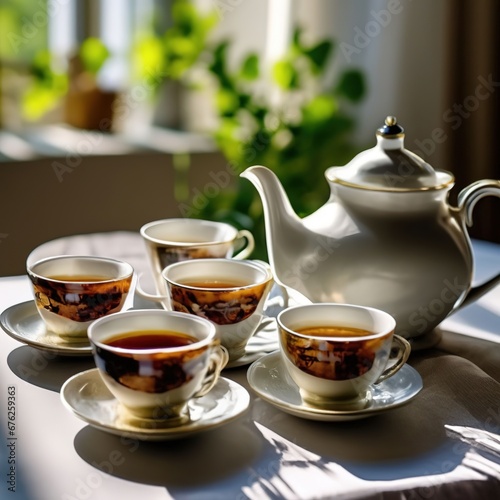 cups of tea and a teapot on a table with a white tablecloth. in the background there is a window with green plants.
