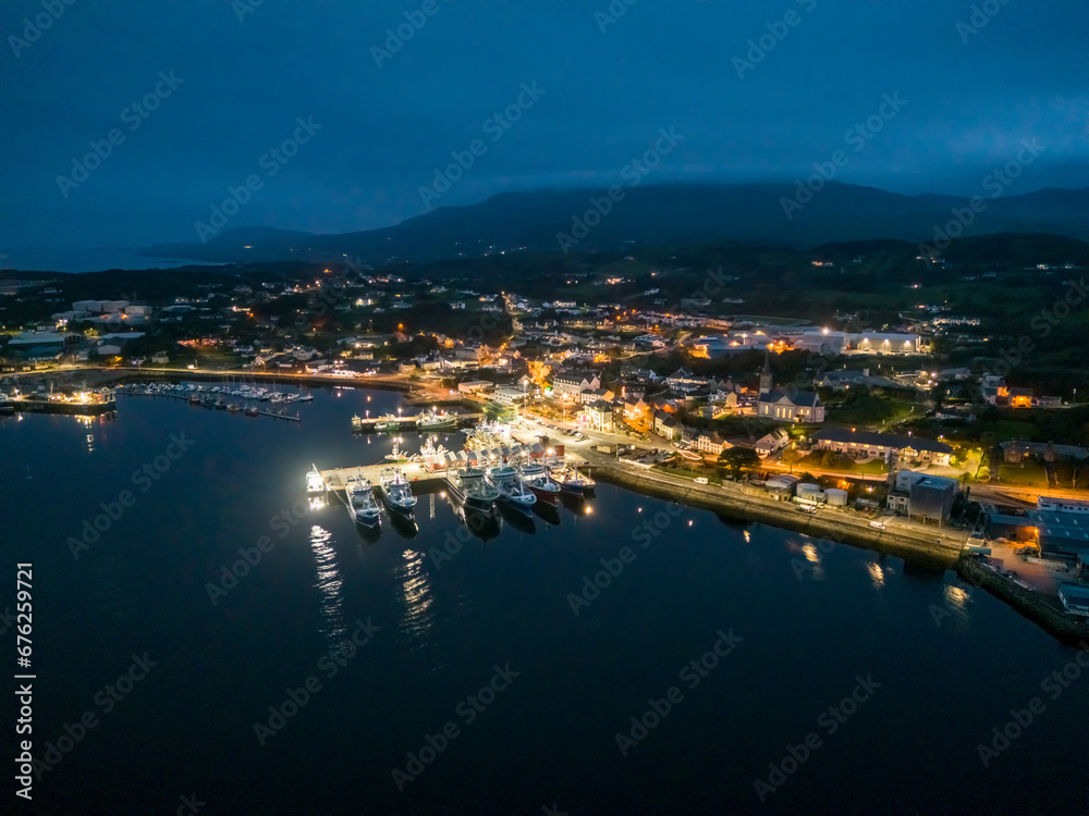 Aerial night view of Killybegs, the most important fishing harbour town in Ireland, County Donegal
