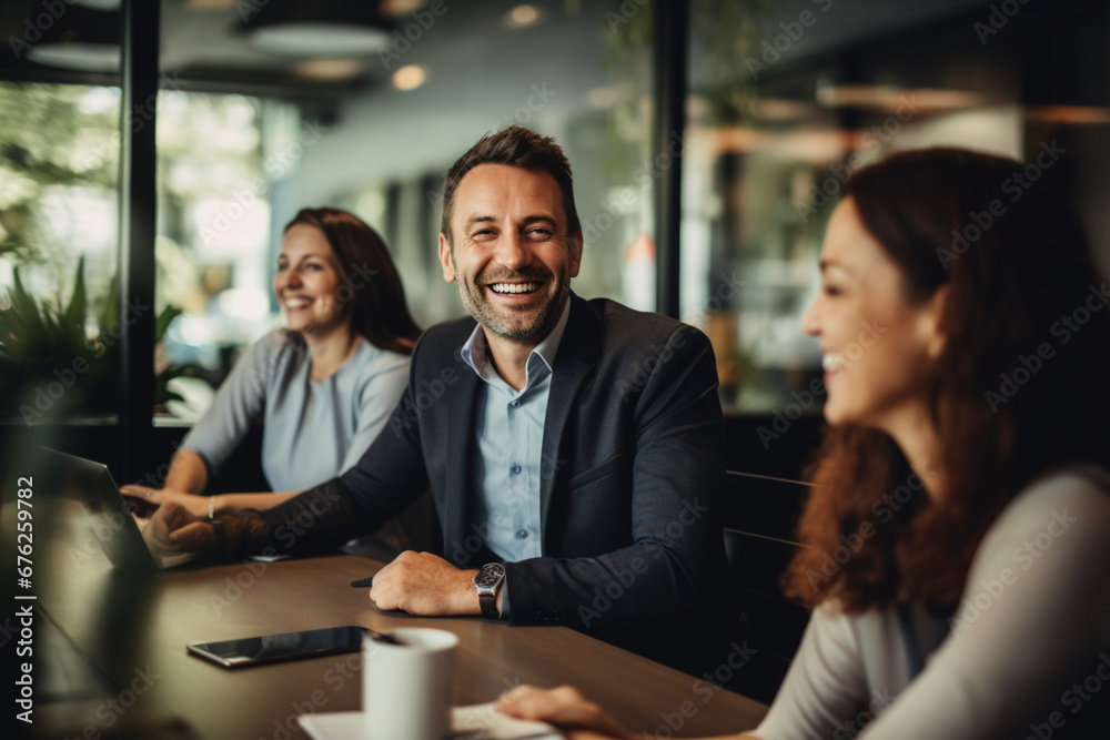 Portrait of cheerful man sits at a conference table across from his two female colleagues and learns to code