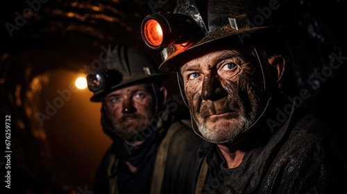 Two coal miners in mine shaft. 