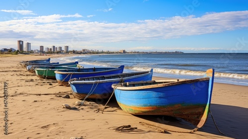 Uruguay, Punta del Este, boats on beach. 