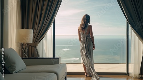 Wide shot of woman standing in luxury hotel suite looking at view with curtains blowing in wind.  © Creative Station