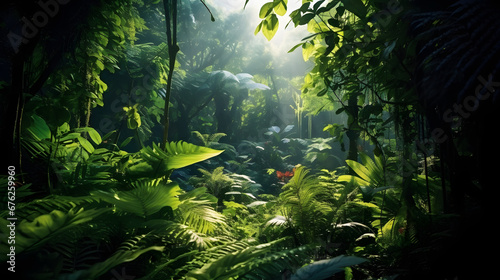 As sunlight filters through the rainforest s dense canopy  it adds a refreshing touch  unveiling the thriving and serene tropical beauty within the lush greenery.