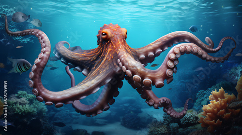 Octopus in water. Swimming animal picture in blue