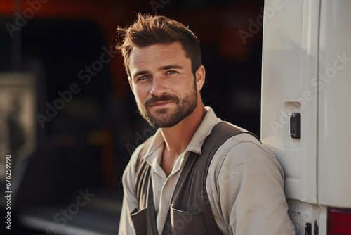 Portrait of Handsome young construction worker with commercial van on background