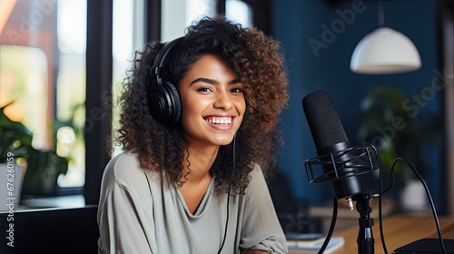 Young black woman recording a business podcast. 