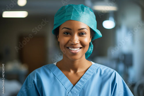 Portrait of smiling female surgical nurse wearing blue surgical cap and scrubs