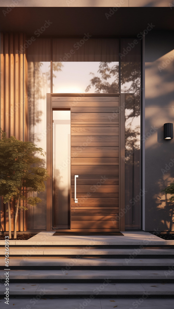A clean, modern style front door with warm sunlight shining through.
