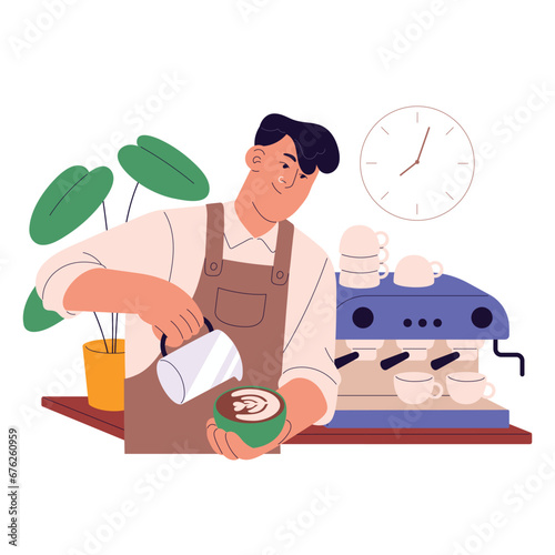 Professional barista making latte art. Cafe worker pour milk, crema in coffee cup. Young man work in coffeeshop, brew beverages with espresso machine. Flat isolated vector illustration on white