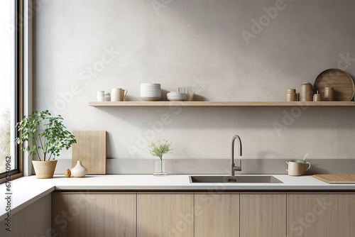 Interior of modern kitchen with countertop  sink  faucet and plant