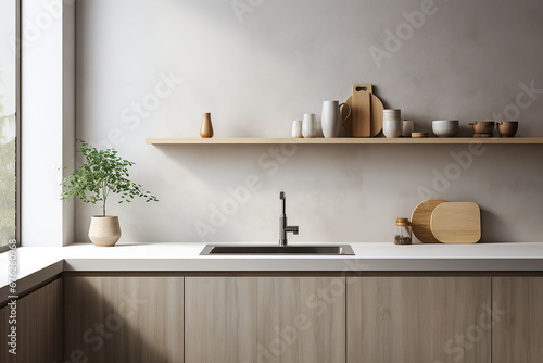 Interior of modern kitchen with countertop  sink  faucet and plant
