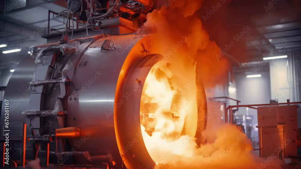 Detailed image of a hightech incinerator unit in the plant, featuring a massive cylindrical chamber with heatresistant walls. Flames can be seen fiercely burning waste inside, generating