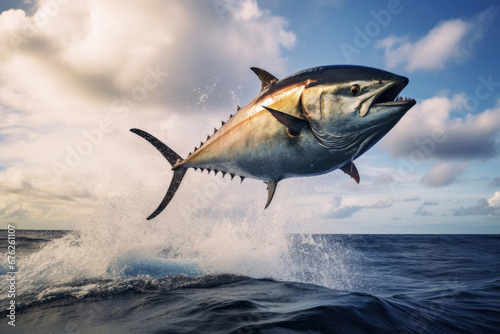 Bluefin tuna jumps out and flies overwater