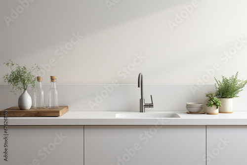 Interior of modern kitchen with countertop  sink  faucet and plant