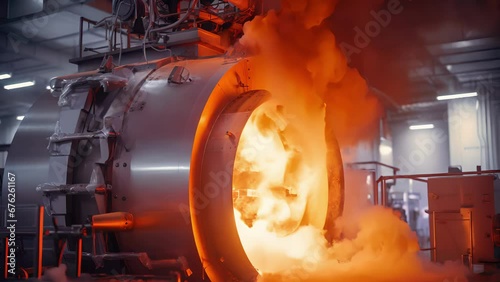 Detailed image of a hightech incinerator unit in the plant, featuring a massive cylindrical chamber with heatresistant walls. Flames can be seen fiercely burning waste inside, generating