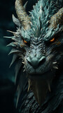 The dragon's head on a dark background, the symbol of 2024. Vertical image of an evil dragon with red eyes. 