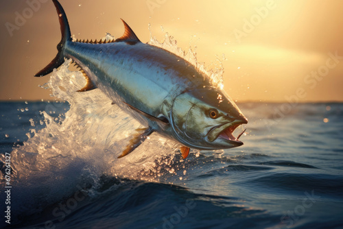 Bluefin tuna jumps out and flies overwater photo