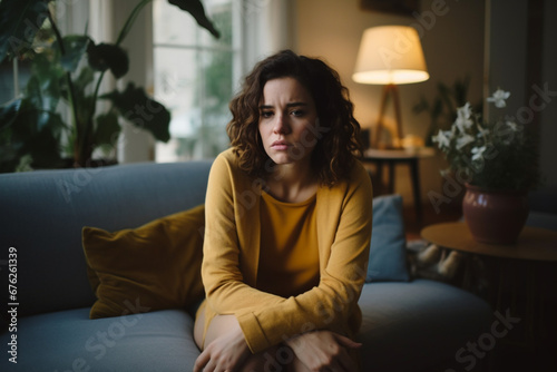 Sad young woman on sofa in living room, Brightly lit, modern living room
