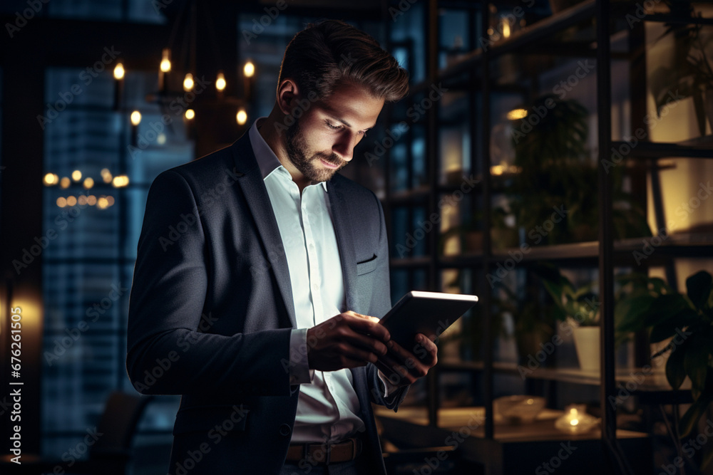 Shot of a handsome young businessman using a digital tablet while working late in his office