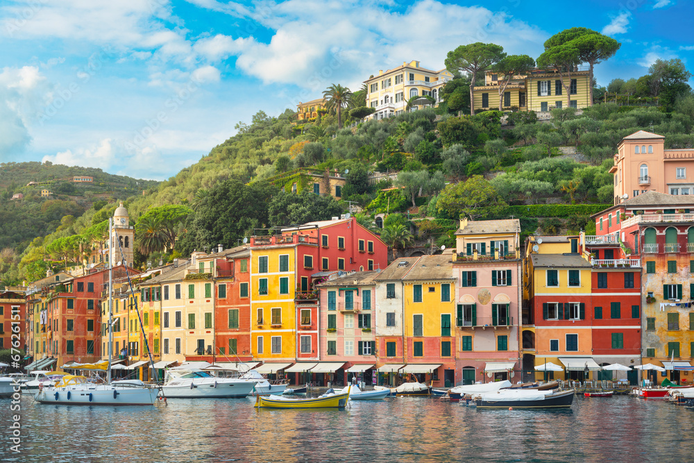 View of Portofino, the village and the marina. Liguria, Italy