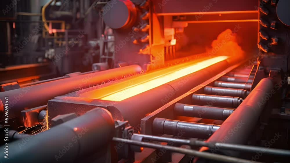 Closeup shot of a steel rolling mill, capturing the mechanical processes of heating, rolling, and cooling steel bars or sheets to specific thicknesses for structural use.
