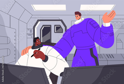 Astronauts in spacesuit communicate on International Space Station. Cosmonauts discuss cosmos mission inside spaceship, galaxy ship. Spacecraft crew in shuttle interior. Flat vector illustration