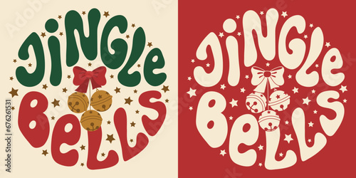 Retro groovy lettering Jingle Bells with stars in yellow red green colors. Round slogan in vintage style 60s 70s. Trendy groovy print design for background, posters, cards, tshirts. photo