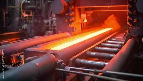 Closeup shot of a steel rolling mill, capturing the mechanical processes of heating, rolling, and cooling steel bars or sheets to specific thicknesses for structural use. photo