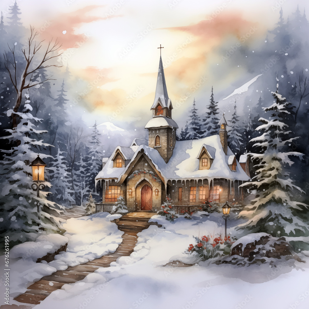 Watercolor Christmas scene Watercolor Christmas scene