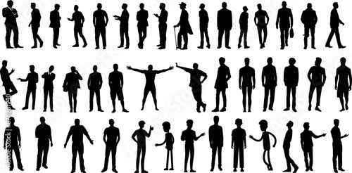 Man silhouette, vector illustration, multiple dynamic poses, isolated on white background. Perfect for graphic design, clip art, lifestyle activities, standing, walking, running, jumping, dancing