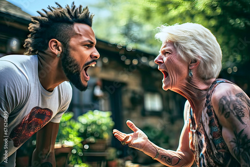 Old tattooed short-haired white woman and young black man arguing loudly with open mouths photo