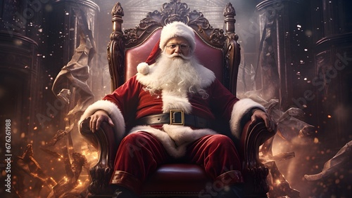 Der Weihnachtsmann sitzt auf seinem Thron im Weihnachtsdorf / Santa zu Hause am Nordpol / Weihnachtsmann Poster / Frame TV Art - Christmas Wallpaper / Ai-Ki generiert photo