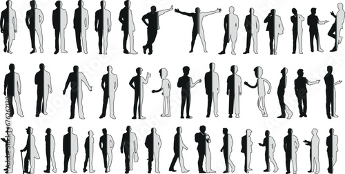 diverse man, men, silhouettes in fade Gradient vector illustration featuring . Perfect for advertising, graphic design with poses like standing, walking, running. Styles range from casual to formal photo
