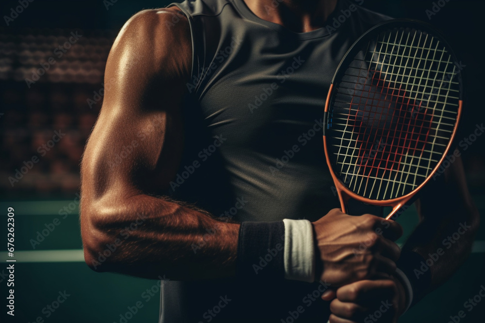 Sport, active and male tennis player with a racket and ball standing on a court ready for a match, Closeup of a fit, strong and professional man with equipment touching a injury on his arm - obrazy, fototapety, plakaty 
