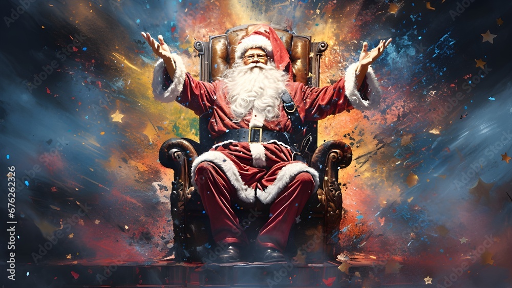 Obraz premium Der Weihnachtsmann grüßt von seinem Thron / Santa empfängt euch / Weihnachtsmann Poster / 16:9 Frame TV - Digital Christmas Art / Ki-Ai generiert