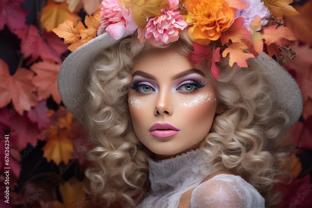 Autmn Queen Beautiful Woman wearing fancy pastel Makeup and leaves as Decoration