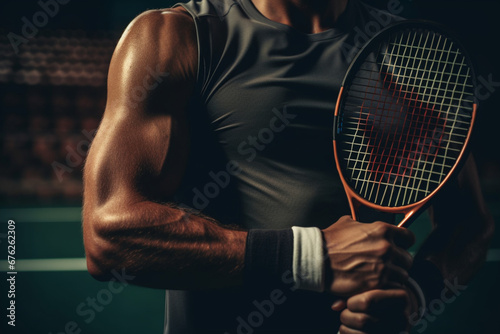 Sport, active and male tennis player with a racket and ball standing on a court ready for a match, Closeup of a fit, strong and professional man with equipment touching a injury on his arm © alisaaa